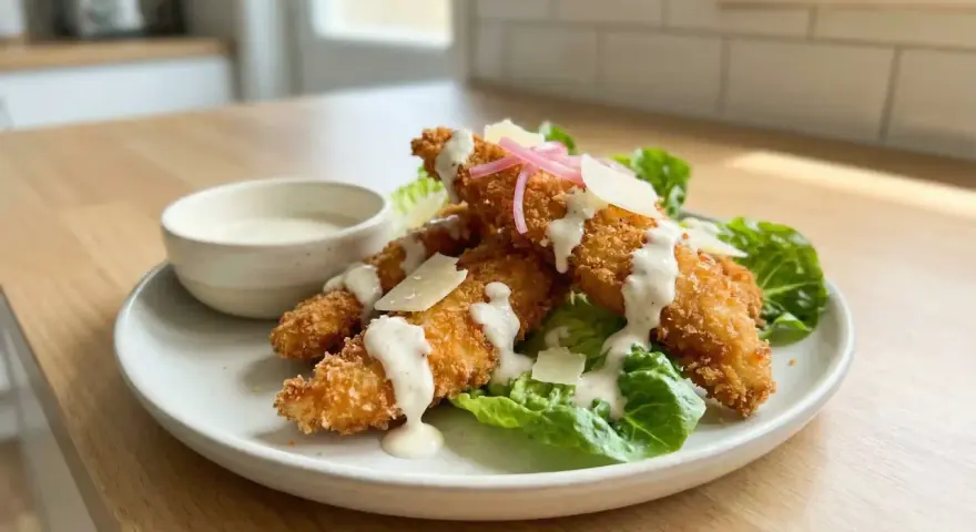 Krispiga bitar av panerad kyckling serveras med sallad, parmesan och en krämig dressing. En härlig rätt som passar perfekt till lunch eller middag.