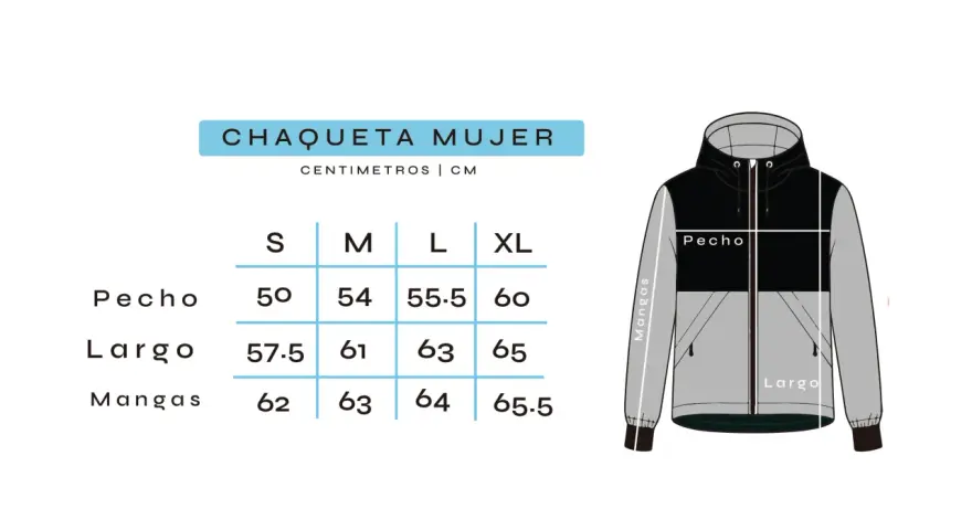 Guía de tallas de chaquetas mujer: medidas de pecho, largo y mangas en cm para tallas S, M, L, XL.