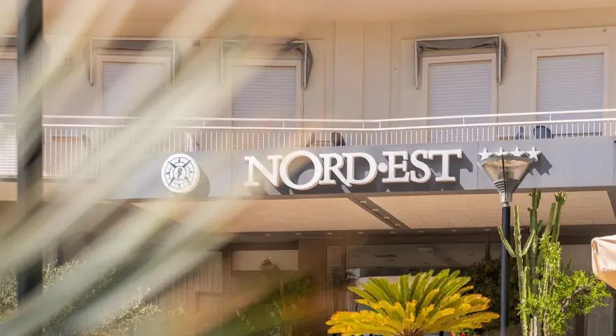 Hotel Nord Est sign with a compass logo and five stars, framed by palm fronds.