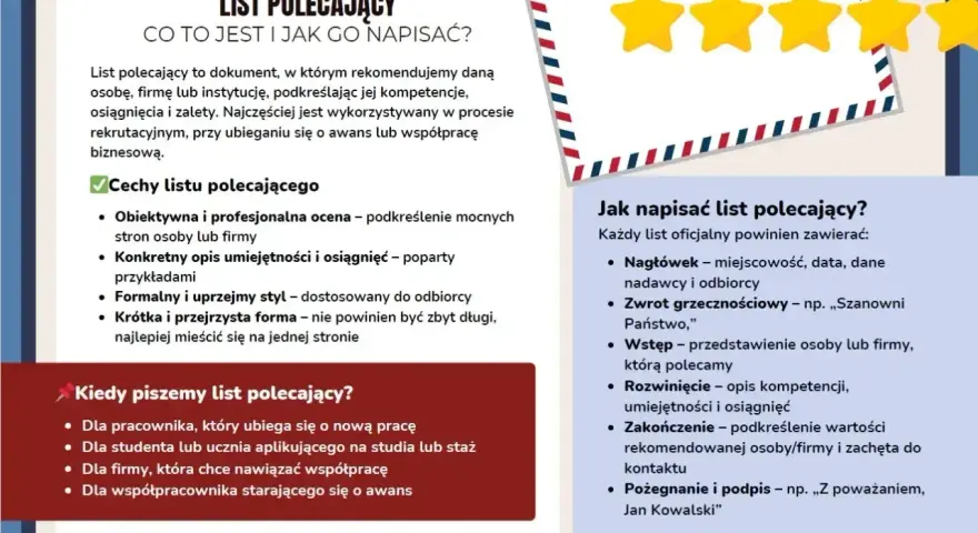 List polecający: co to jest, cechy, kiedy piszemy i jak napisać. Dokument rekomendujący osobę lub firmę, kluczowy w procesie rekrutacji.