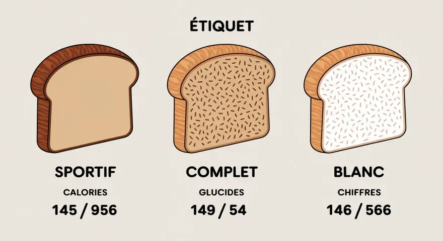 Trois tranches de pain : sportif, complet et blanc. Le pain complet fait il grossir ? L'image compare leurs valeurs nutritionnelles.