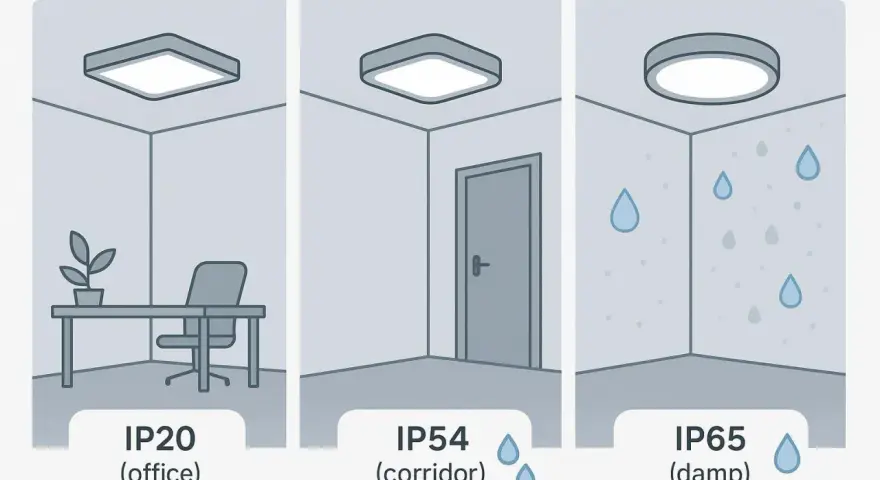Trzy lampy sufitowe: IP20 w biurze, IP54 w korytarzu, IP65 w wilgotnym pomieszczeniu.
