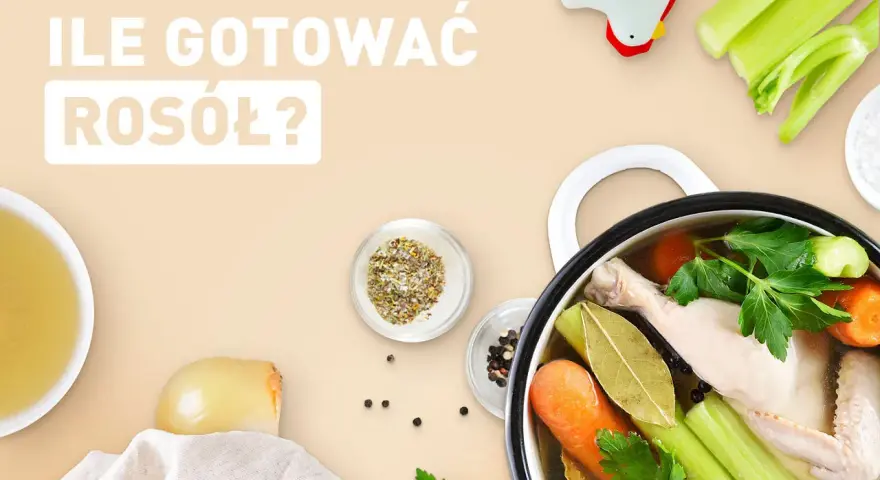 Ile gotować rosół? Garnek z kurczakiem, warzywami i przyprawami, obok miseczka z bulionem i timer w kształcie kurczaka.