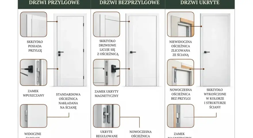 Drzwi bezprzylgowe co to znaczy? Porównanie drzwi z przylgą, bezprzylgowych i ukrytych. Widok detali: zamek, zawiasy, ościeżnica.