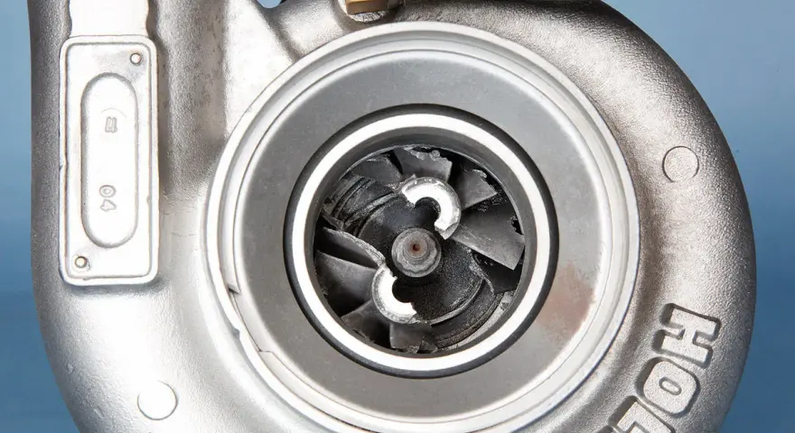 Beschädigter Turbolader mit verbogenen Schaufeln. Die turbolader reparatur kosten können je nach Schaden variieren.