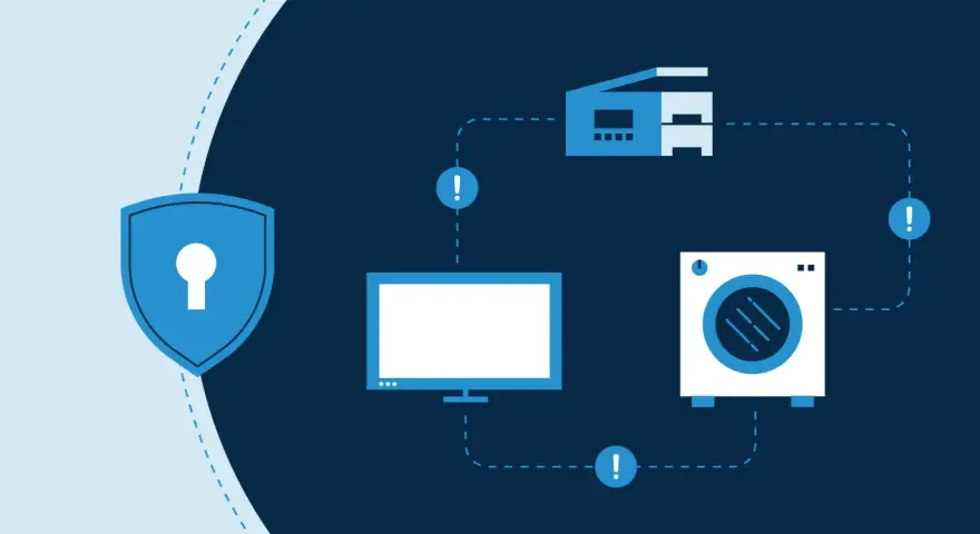 Shield icon protecting various access control IoT devices like a monitor, printer, and washing machine from potential threats.