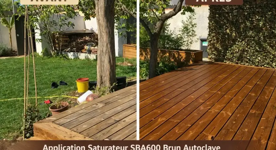 Avant/Après : un bois autoclave vieilli transformé par un saturateur brun. L'entretien redonne vie à la terrasse.