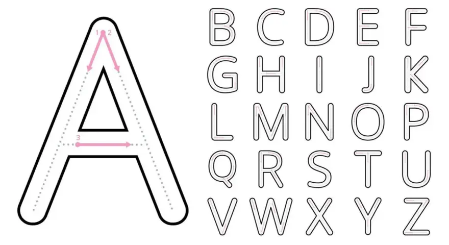 Fichas de letras mayúsculas para aprender a trazar el abecedario completo, desde la A hasta la Z.