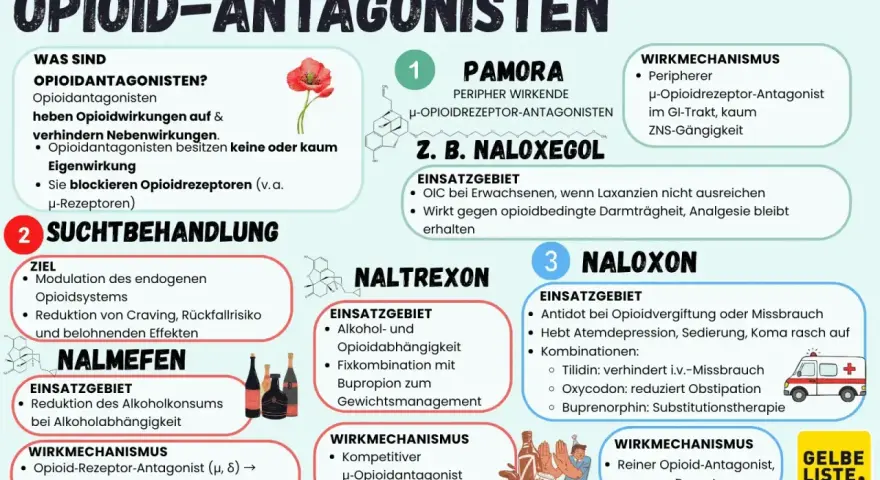 Opioid-Antagonisten wie Naloxon, Naltrexon und Naloxegol blockieren Opioidrezeptoren. Sie helfen bei der Suchtbehandlung und können Nebenwirkungen von Opioiden wie Obstipation bei Oxycodon reduzieren.