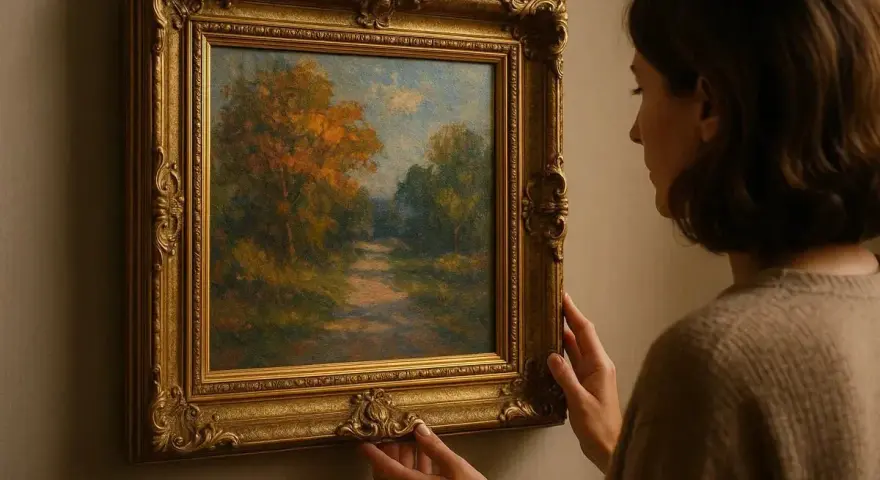 Une femme ajuste un tableau représentant un chemin forestier automnal, son cadre doré orné ajoutant une touche d'élégance.