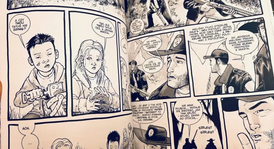 Kadr z komiksu The Walking Dead. Dzieci tęsknią za ojcem, podczas gdy dorośli rozmawiają o broni i zapasach.