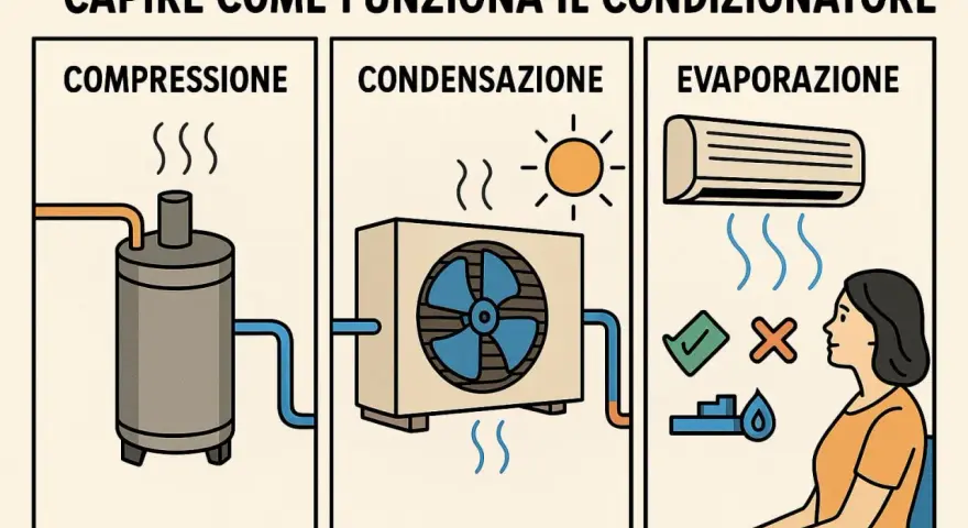 Illustrazione che spiega come funziona il condizionatore: compressione, condensazione ed evaporazione.