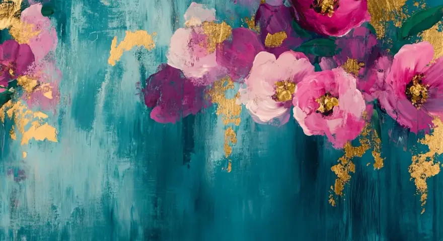 Peinture abstraite avec des fleurs roses et violettes sur fond bleu sarcelle, rehaussée de touches dorées.