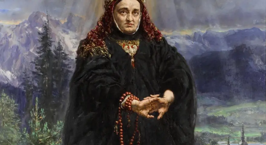 Portret królowej w koronie i czarnej szacie, z różańcem w dłoniach. Tło to góry i miasto. To streszczenie legendy o świętej Kindze.