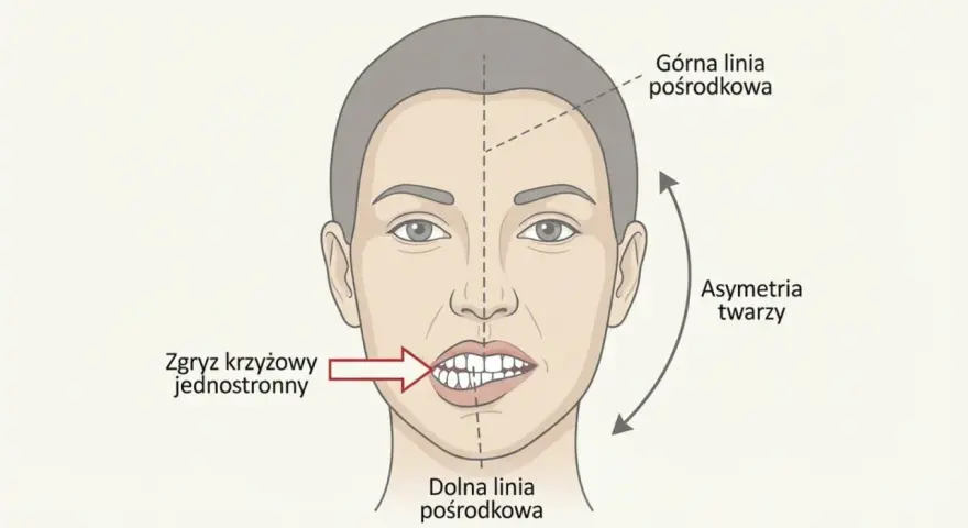 Ilustracja przedstawia asymetrię twarzy i zgryz krzyżowy jednostronny, co może być problemem u dziecka.