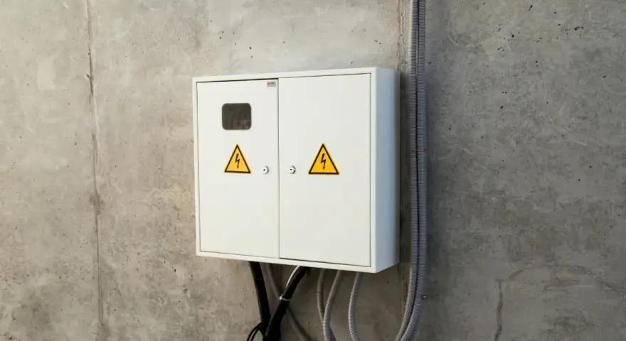 Biała skrzynka elektryczna na betonie z symbolami ostrzegawczymi. Przydatna przy wypełnianiu wniosku o określenie warunków przyłączenia PGE wzór.