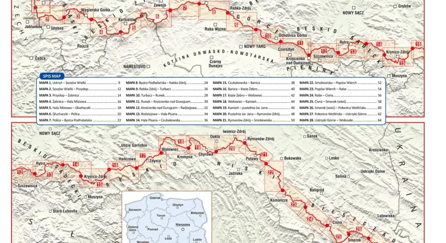 Mapa przedstawia etapy Głównego Szlaku Beskidzkiego, z zaznaczonymi punktami i numerami poszczególnych odcinków.