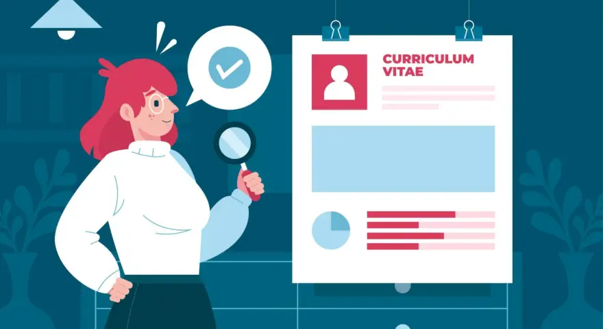 Donna con lente d'ingrandimento analizza un curriculum vitae, cercando il job title perfetto.
