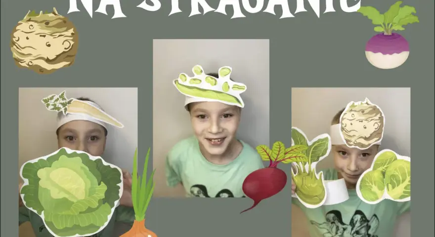 Dzieci w strojach warzywnych, jak na straganie wiersz. Wesołe twarze, marchewka, kapusta, burak, kalarepa, brukiew i seler.