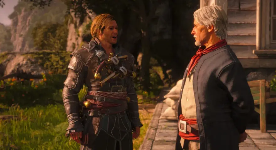 Dwóch mężczyzn rozmawia na tle tropikalnej scenerii. Jeden z nich, w stroju przypominającym tego z najnowszego Assassin's Creed, ma na sobie skórzaną zbroję i pistolety.