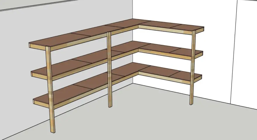 En hörnhylla med flera hyllplan, perfekt för att bygga utdragbar hylla i ett förråd eller garage.