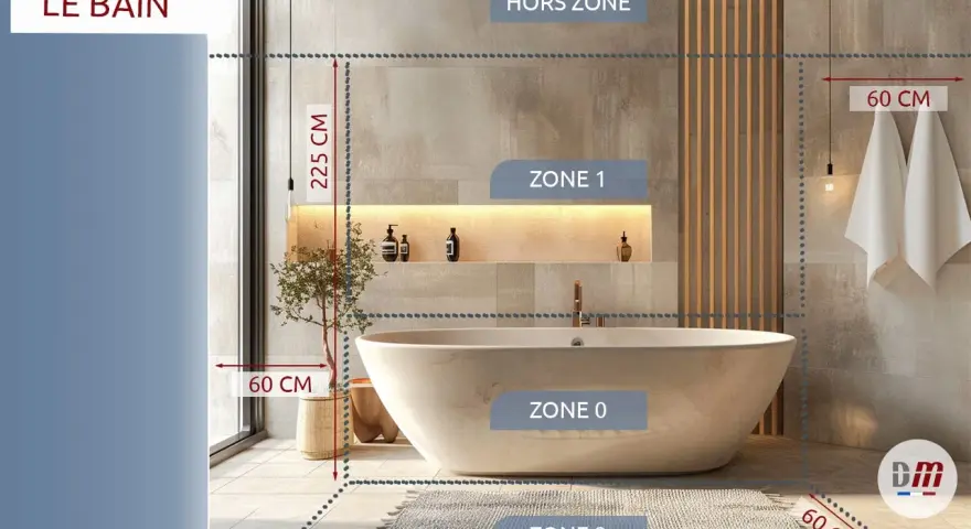 Salle de bain moderne avec baignoire. Schéma des zones de sécurité électrique, incluant le différentiel électrique.