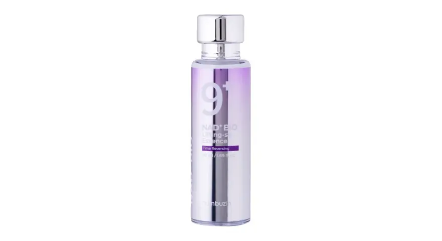 Srebrna buteleczka z fioletowymi akcentami, zawierająca serum liftingujące numbuzin no 9. Time Reversing.