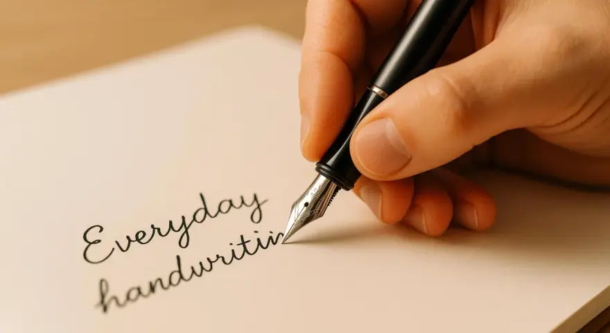 En hand håller en reservoarpenna och skriver "Everyday handwriting" på ett papper. Visar hur man håller en penna för vacker handstil.