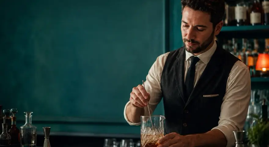 Barista esperto prepara un cocktail, con la sua paga base che riflette la sua abilità. Dietro di lui, bottiglie di liquori e un'atmosfera elegante.