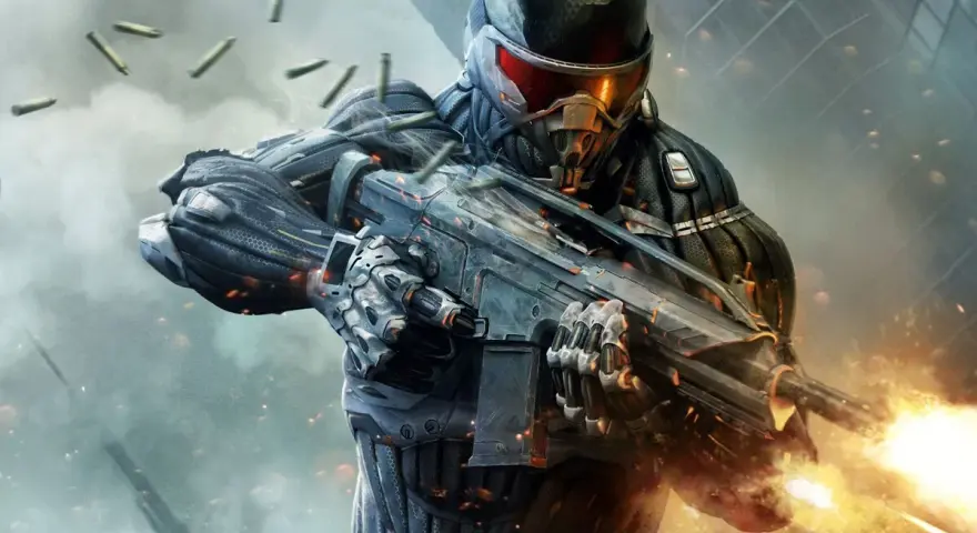 Soldado con traje de alta tecnología, disparando un arma futurista. El fuego y los casquillos vuelan. ¡La acción de Crysis 4 está que arde!