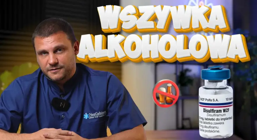 Lekarz wyjaśnia, jak działa esperal (Disulfiram WZF) w leczeniu alkoholizmu. Na zdjęciu widać buteleczkę z tabletkami i symbol zakazu spożywania alkoholu.