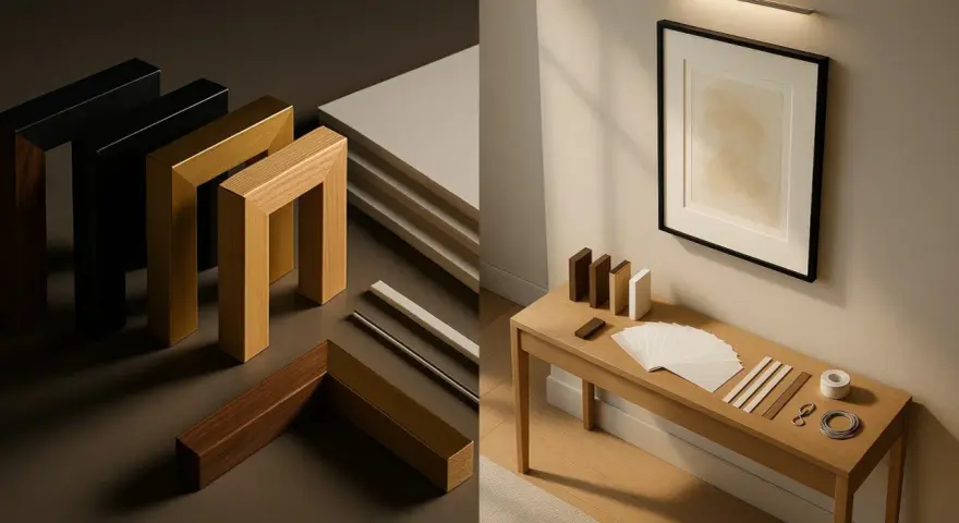 Pièces de bois et de métal pour faire un encadrement, avec un tableau déjà encadré sur une console.