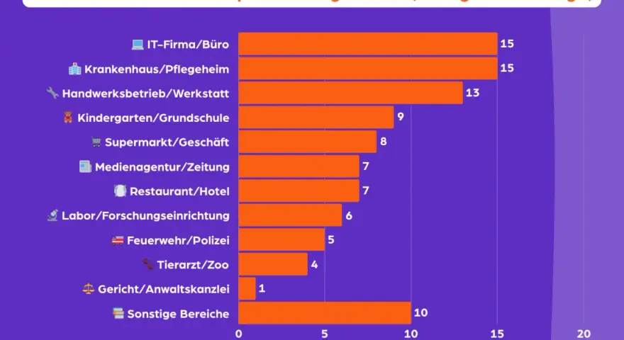 Balkendiagramm zeigt, wo Schüler Praktika machen: IT/Büro und Krankenhaus/Pflegeheim sind am beliebtesten.