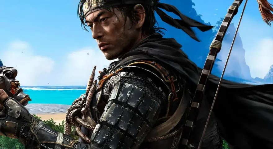 Samurái con arco y máscara, listo para la aventura. ¿cuanto dura Ghost of Tsushima? El juego ofrece muchas horas de exploración.