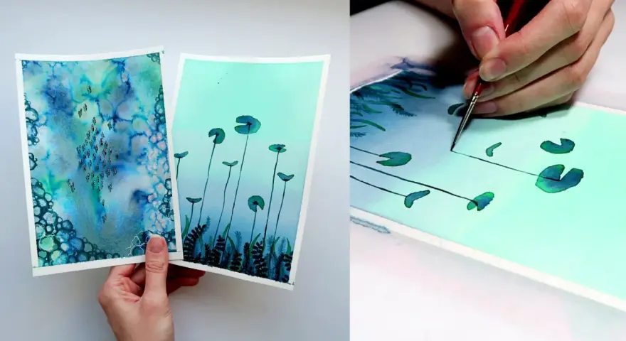 Dos hermosos dibujos a tinta y acuarela de temática acuática. Uno muestra un fondo azul vibrante con burbujas y peces, el otro lirios de agua sobre un fondo turquesa.