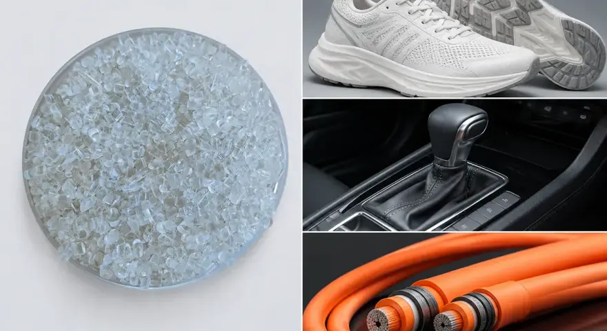 Gránulos de tpe material en un cuenco, zapatillas deportivas, palanca de cambios de coche y cables naranjas.