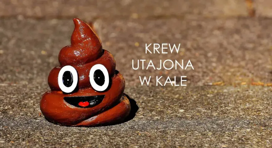 Uśmiechnięta kupa z oczami i napisem "krew utajona w kale".