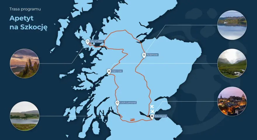 Mapa Szkocji z trasą "Apetyt na Szkocję", pokazująca malownicze miejsca jak Isle of Skye, Glen Coe, Loch Lomond i Edynburg.