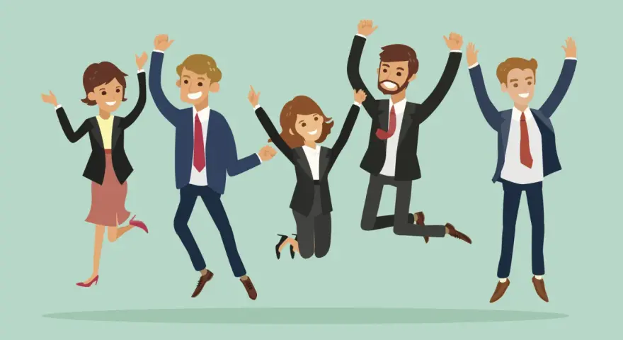 Cinq personnes en tenue d'affaires sautent de joie, symbolisant un excellent team building en entreprise.
