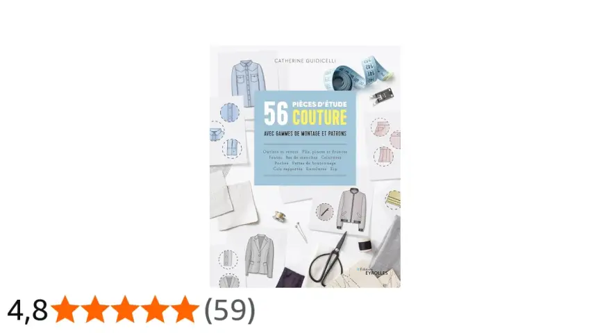 Livre de couture "56 Pièces d'étude" de Catherine Guidicelli, montrant des patrons de vêtements, des tissus, des ciseaux et des **cols** rapportés.