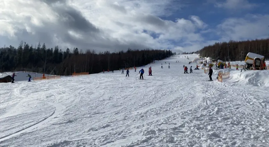 Słoneczny dzień na otwartych stokach narciarskich Wisła. Narciarze i snowboardziści cieszą się jazdą po ośnieżonych trasach, a w tle widać las i maszyny do naśnieżania.