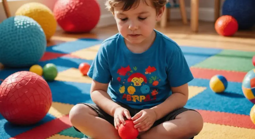 Chłopiec z zaburzeniem sensorycznym bawi się kolorowymi piłkami na macie.