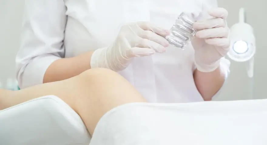 Lekarz w rękawiczkach trzyma opakowanie z dopochwowymi krążkami.