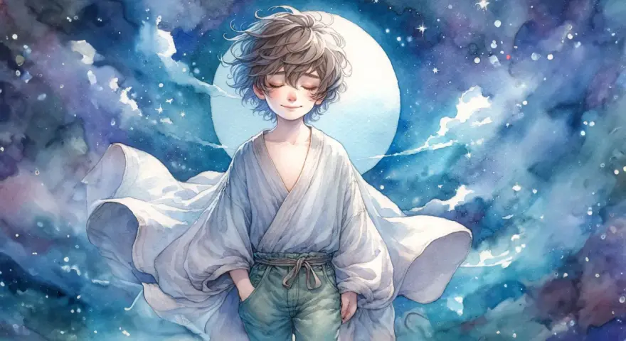 Ein Junge mit geschlossenen Augen und wallendem Gewand vor einem Sternenhimmel und Mond. Perfekt für traumreisen zum einschlafen.