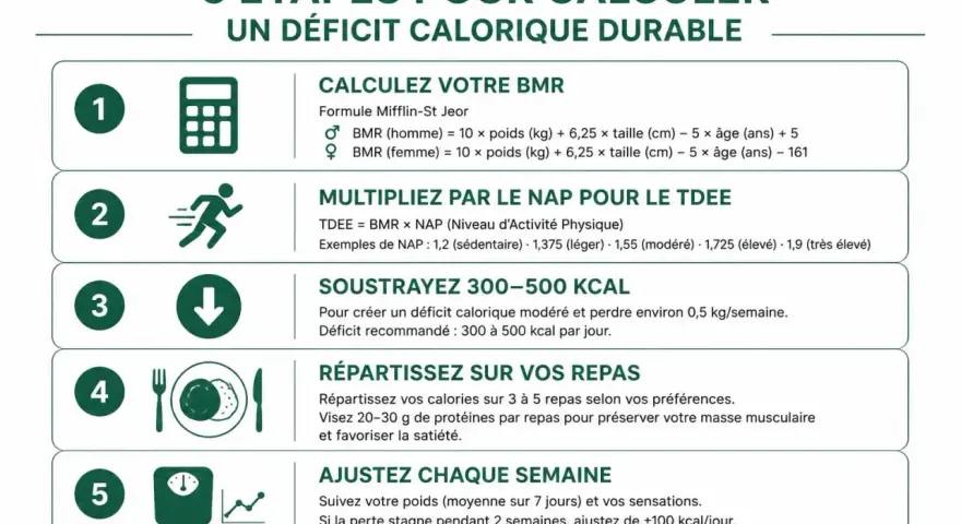 Guide en 5 étapes pour comment compter ses calories et créer un déficit calorique durable : calcul BMR, TDEE, soustraction kcal, répartition repas, ajustements hebdomadaires.