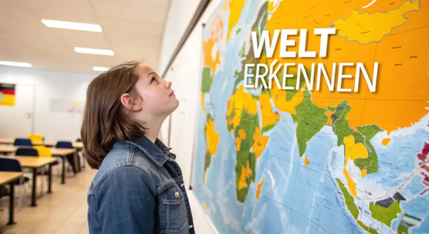 Ein Mädchen blickt auf eine Weltkarte mit der Aufschrift "Welt erkennen". Vielleicht plant sie ihren nächsten schuljahr im ausland.