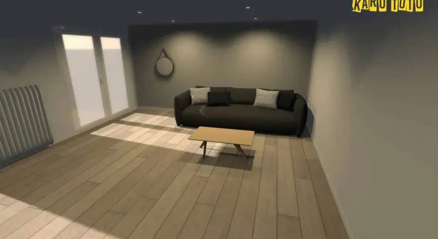 Posez votre carrelage dans le sens de la lumière pour agrandir visuellement la pièce. Un salon moderne avec canapé, table basse et parquet clair.