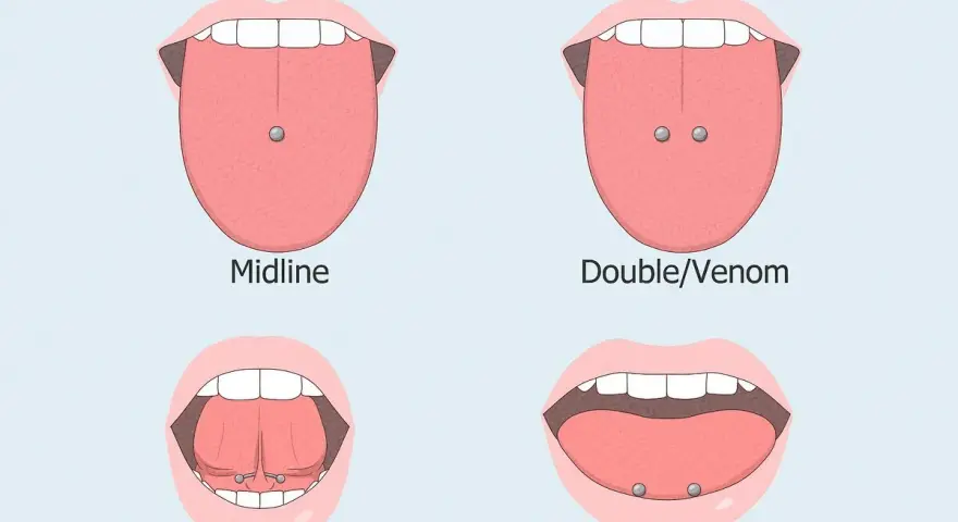 Różne rodzaje kolczyków w języku: Midline, Double/Venom, Frenulum/Web Piercing, Horizontal/Snake Eyes. Double/Venom to popularny piercing, który wygląda jak dwa kolczyki.
