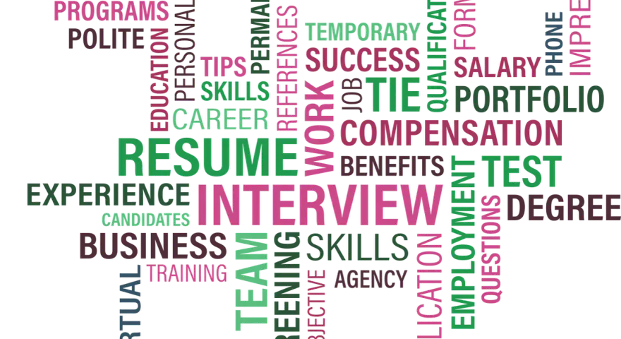 Słowa kluczowe związane z karierą i procesem rekrutacji: RESUME, INTERVIEW, SKILLS, EXPERIENCE, EDUCATION, SUCCESS, PORTFOLIO, SALARY, COMPENSATION, EMPLOYMENT, APPLICATION, TEST, DEGREE, INSURANCE, PROGRAMS, POLITE, TEMPORARY, PERSONALITY, TIPS, REFER...