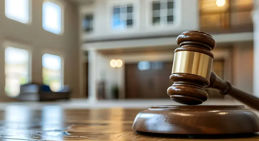 Marteau de juge sur une table en bois, prêt pour une vente par adjudication dans une maison spacieuse.